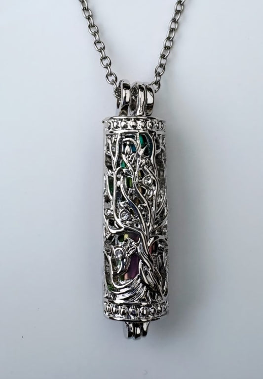 Nature-Inspired Cylinder Memorial Urn Pendant – With Colourful Inner Chamber and chain