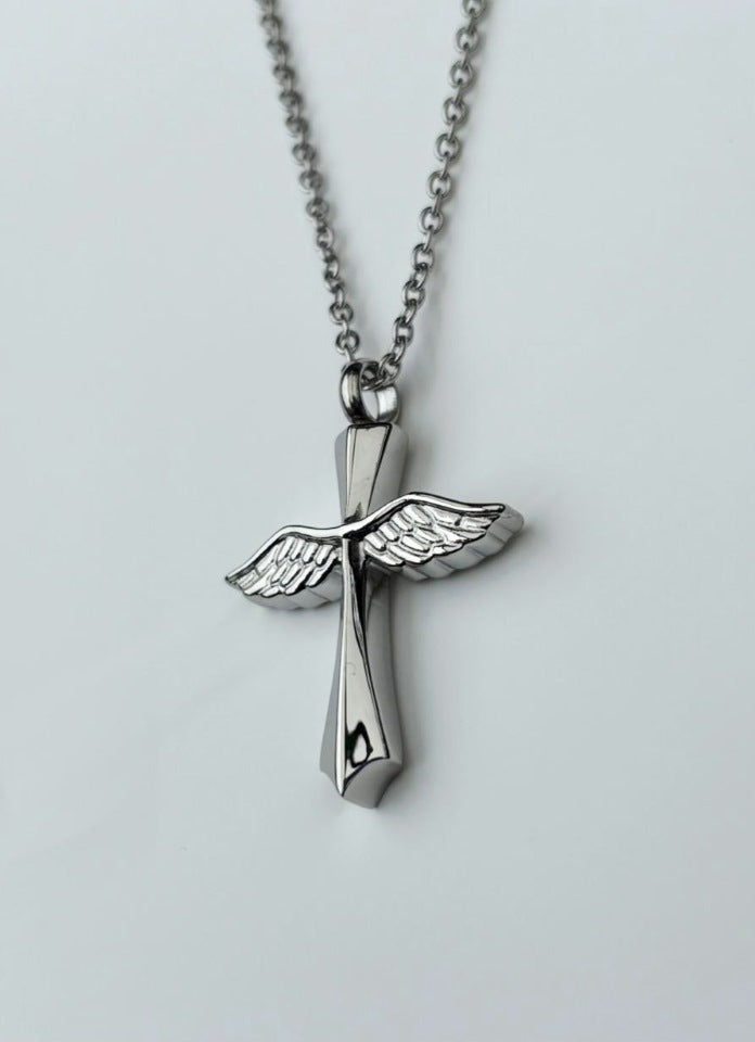 Stainless Steel Cross Memorial Urn Pendant – With Angel Wings Design