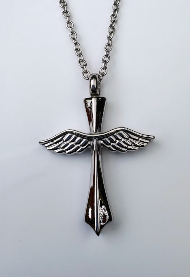 Stainless Steel Cross Memorial Urn Pendant – With Angel Wings Design