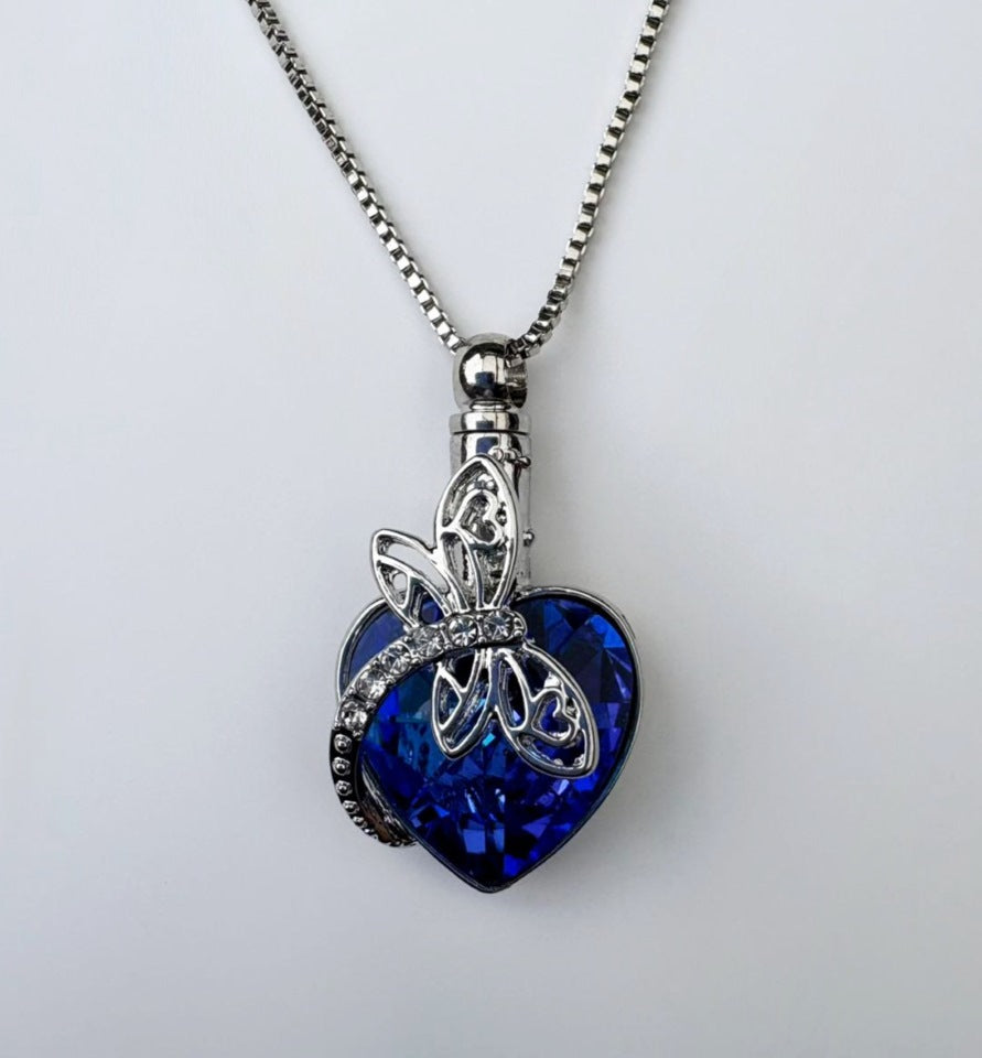 Blue Heart Memorial Urn Pendant – Dragonfly Design in Stainless Steel