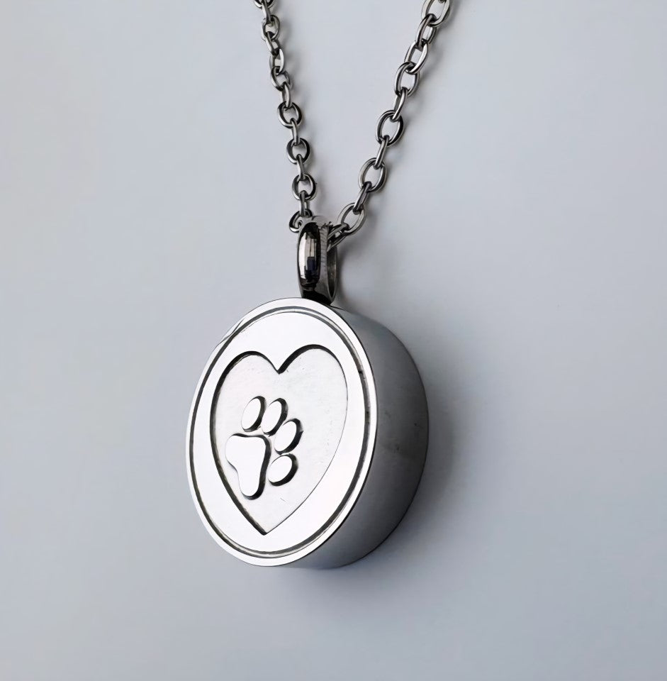 Round Stainless Steel Paw Print Memorial Urn Pendant – In Loving Memory of a Beloved Pet