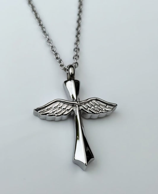 Stainless Steel Cross Memorial Urn Pendant – With Angel Wings Design